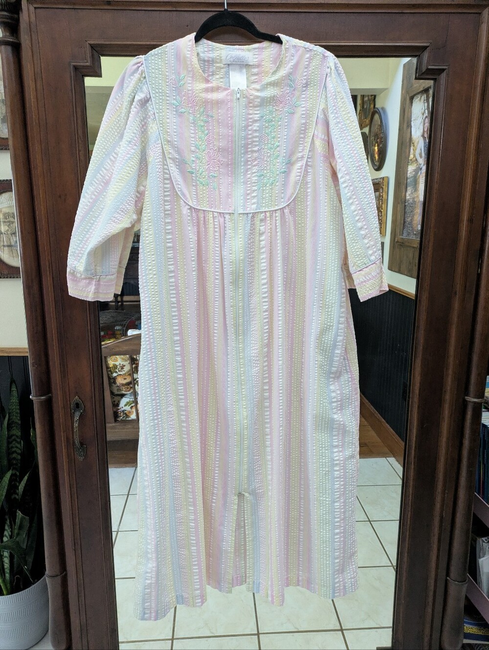 Miss Elaine Striped Seersucker Zip Housecoat L Robe Women's Nightgown Cover-up